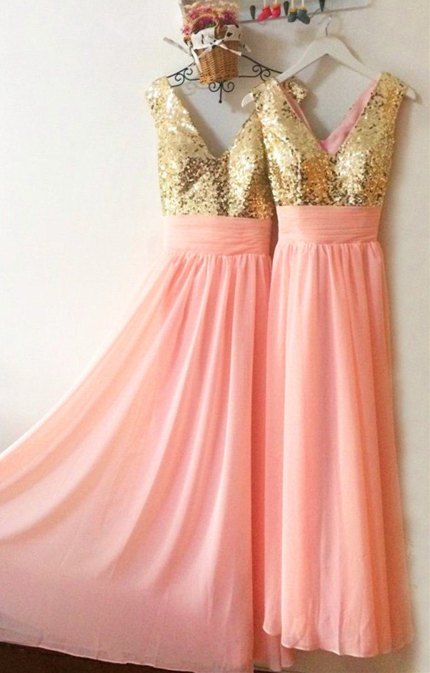 Gold Sequins Long Chiffon Pink Bridesmaid Dresses 2016 Sparkly Evening Party Prom Gowns on Luulla