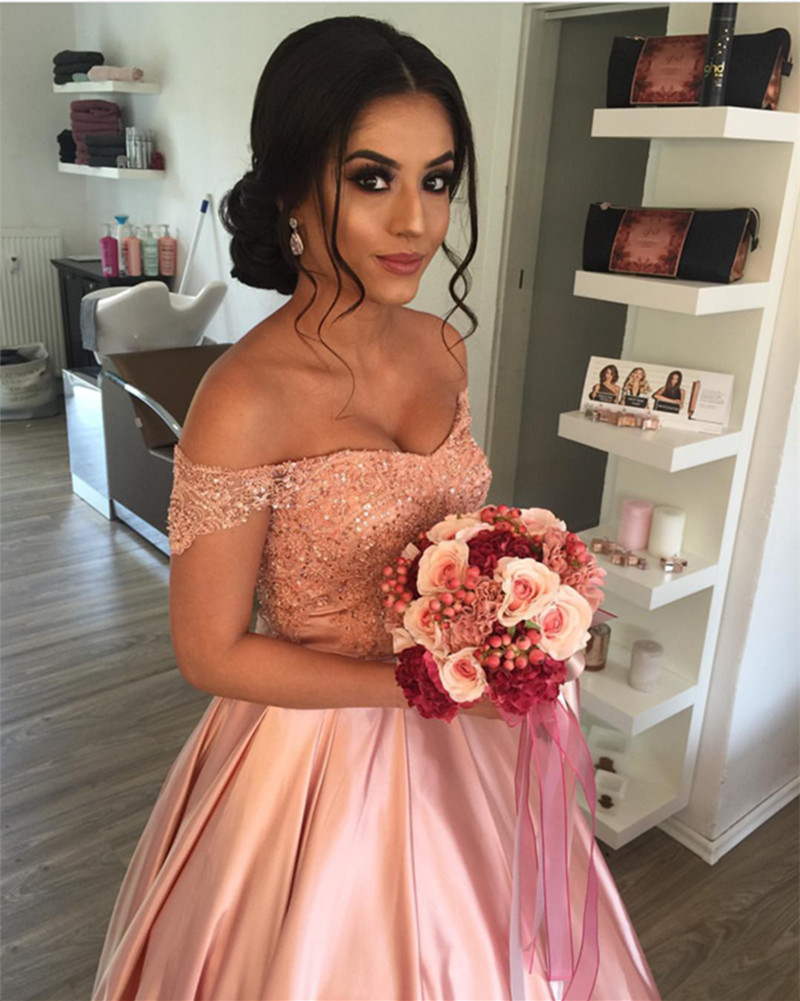 elegant lace off shoulder pink satin wedding prom dresses ball gowns