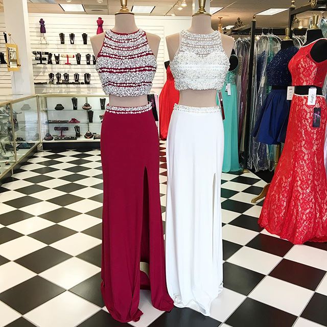pearl beaded long chiffon Two Piece Prom Dresses 2016 