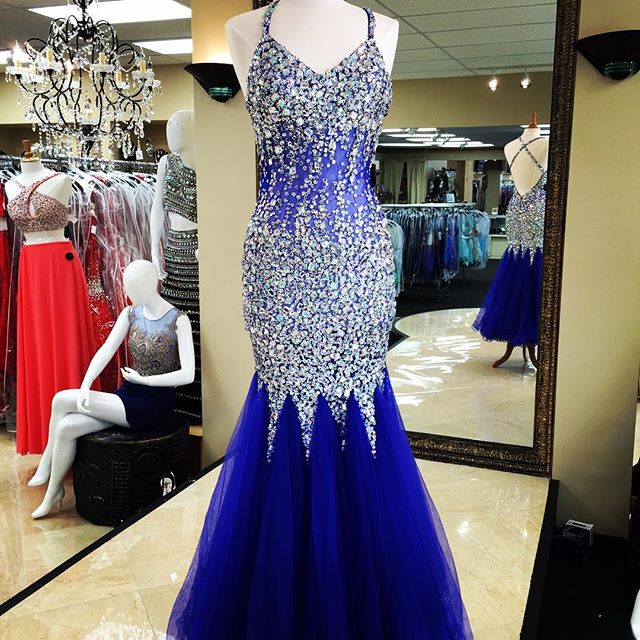 Royal Blue Crystal Beaded Organza Long Prom Dresses Mermaid Evening Gowns 2017