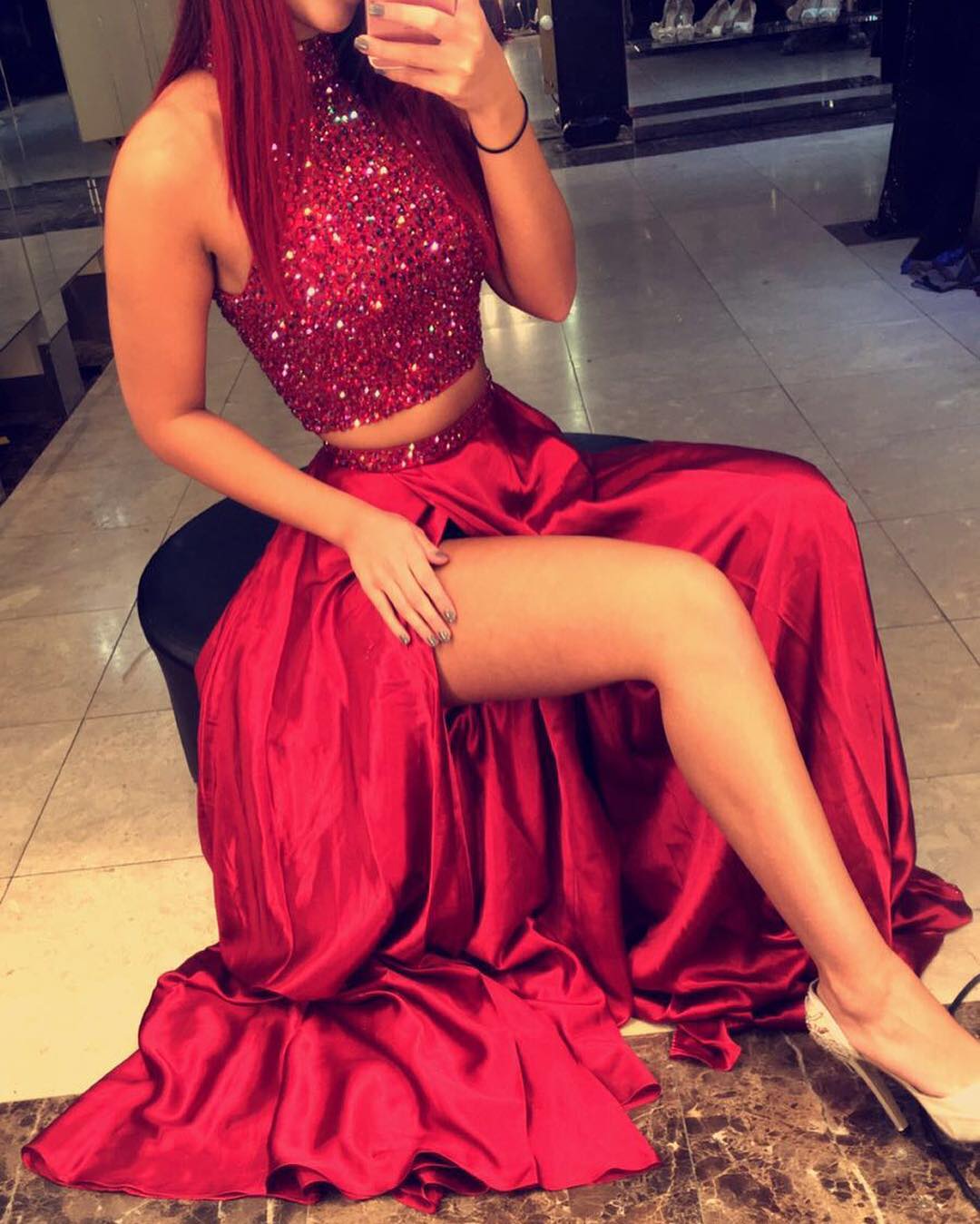 Burgundy Prom Dresses Two Piece Long Satin Evening Party Gowns 2016 Formal Dresses