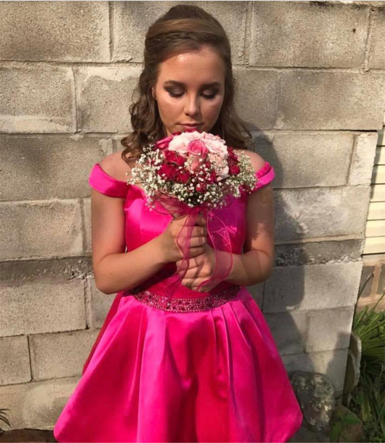 Pink Satin V Neck Off Shoulder Dresses,short Semi Formal