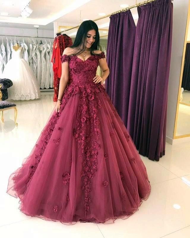 Lace Appliques Prom Dresses Ball Gowns,tulle Quinceanera Dress,off Shoulder Evening Gowns