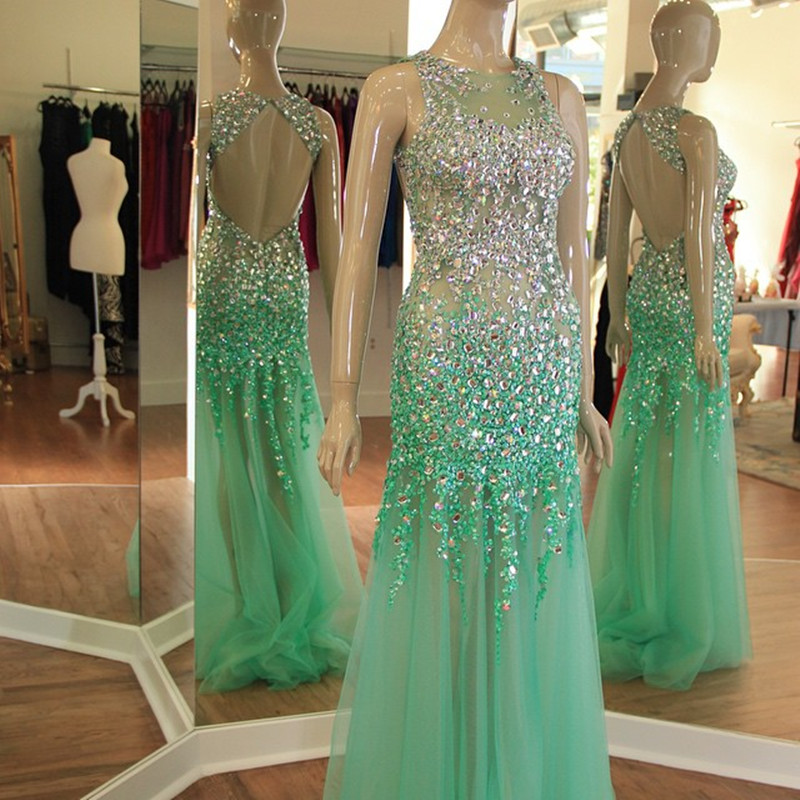 Sexy Halter Top Open Back Mint Green Mermaid Prom Dresses Crystal Beaded 2016 Pageant Evening Gowns