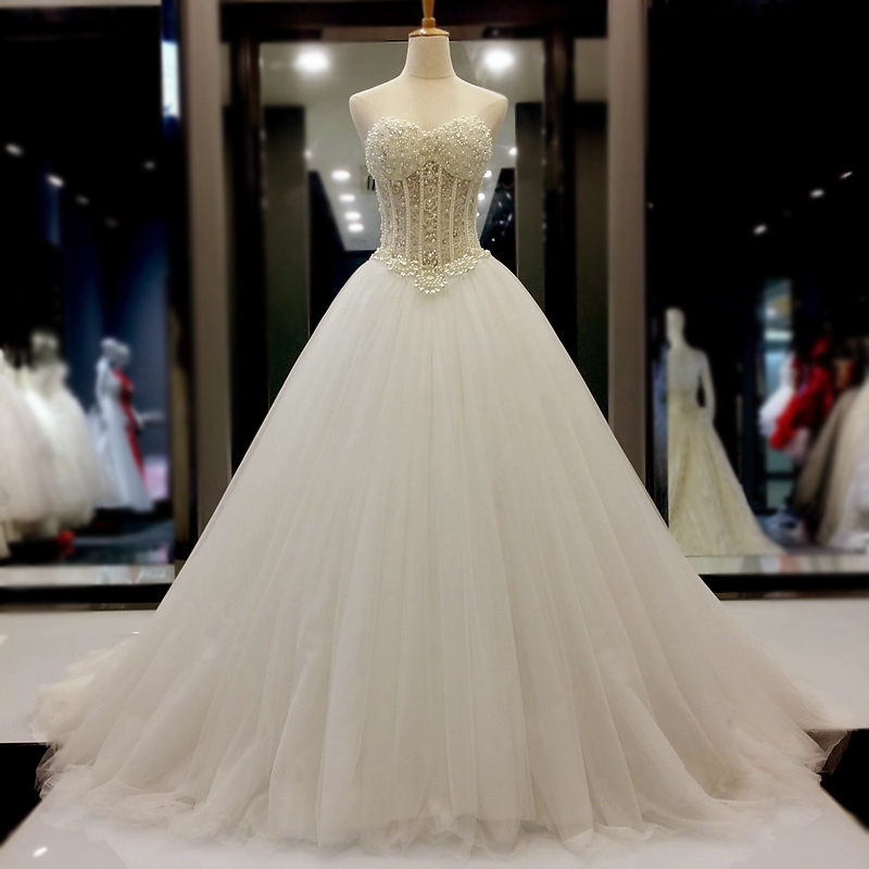 Pearl Embellished Sweetheart Floor Length Tulle Wedding Gown