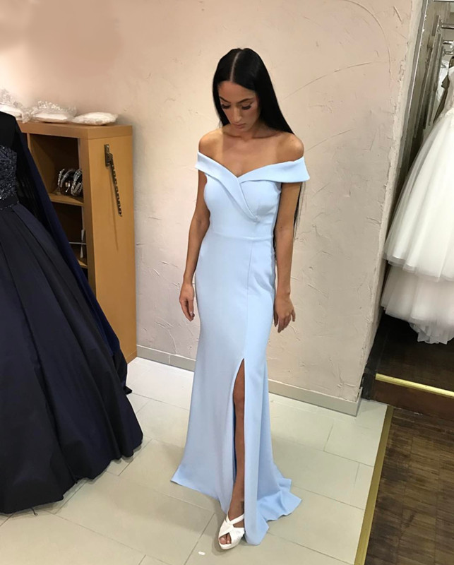 Light Blue Bridesmaid Dress,mermaid Evening Gowns,slit Prom Dress,off