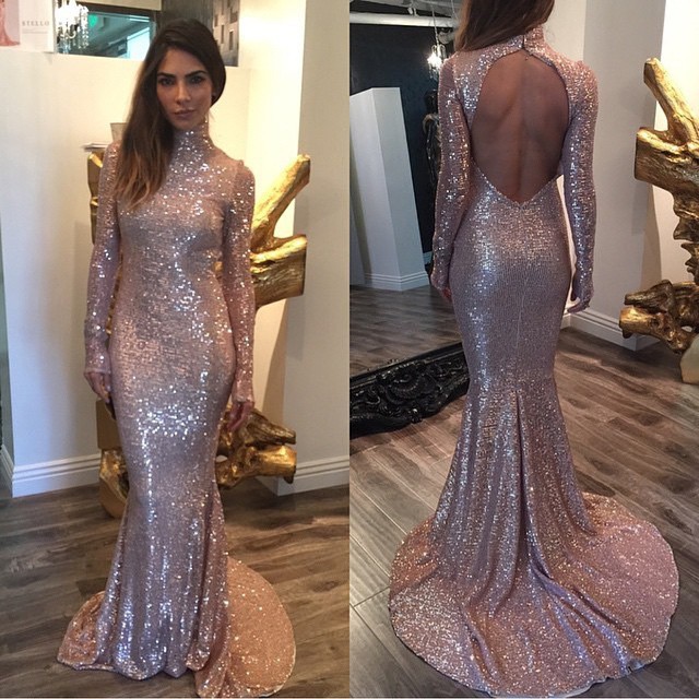 High Neck Long Sleeves Rose Gold Sequins Mermaid Prom Dresses 2016 Formal Evening Gowns