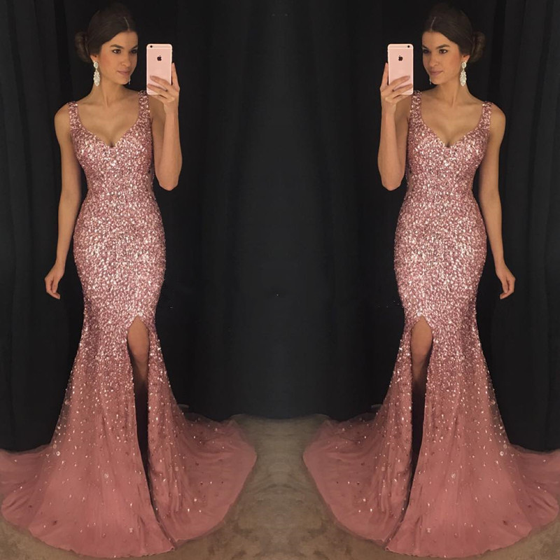 Crystal Beaded Prom Dress Mermaid ,long V Neck Formal Dress,pink Evening Gowns,luxurious Mermaid Evening Dresses