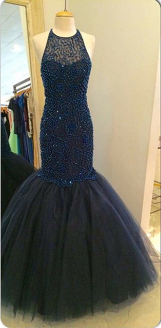 Stunning Beaded Halter Navy Blue Prom Dresses Mermaid Evening Gowns 2016 Pageant Dress