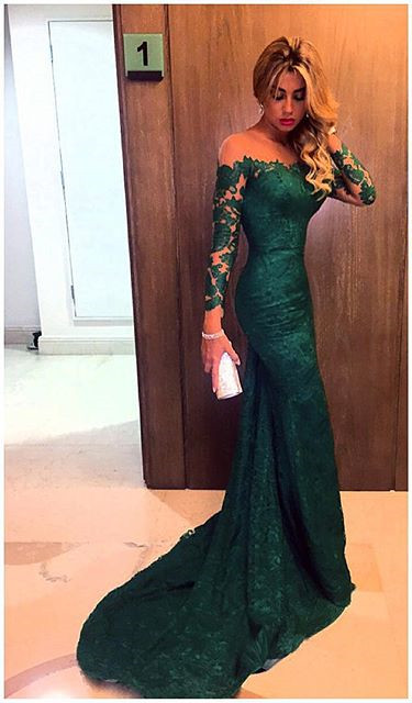 Sheer Long Sleeves Green Lace Mermaid Prom Dresses 2016 Elegant Formal Evening Gowns