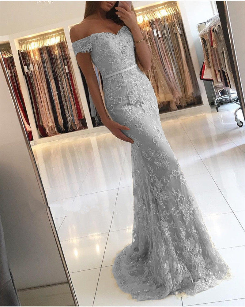 Silver Prom Dress,lace Prom Dress,mermaid Evening Dresses Off Shoulder,elegant Formal Gowns