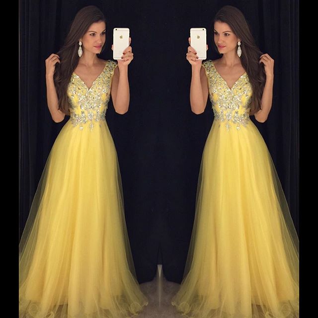 Deep V Neck Long Organza Yellow Prom Dresses 2016 Cap Sleeves Evening Gowns 