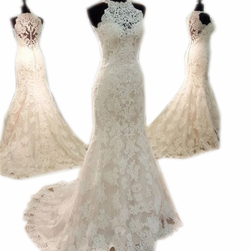Vintage Halter Long Lace Mermaid Wedding Dresses 2017 Romantic Bridal Gown