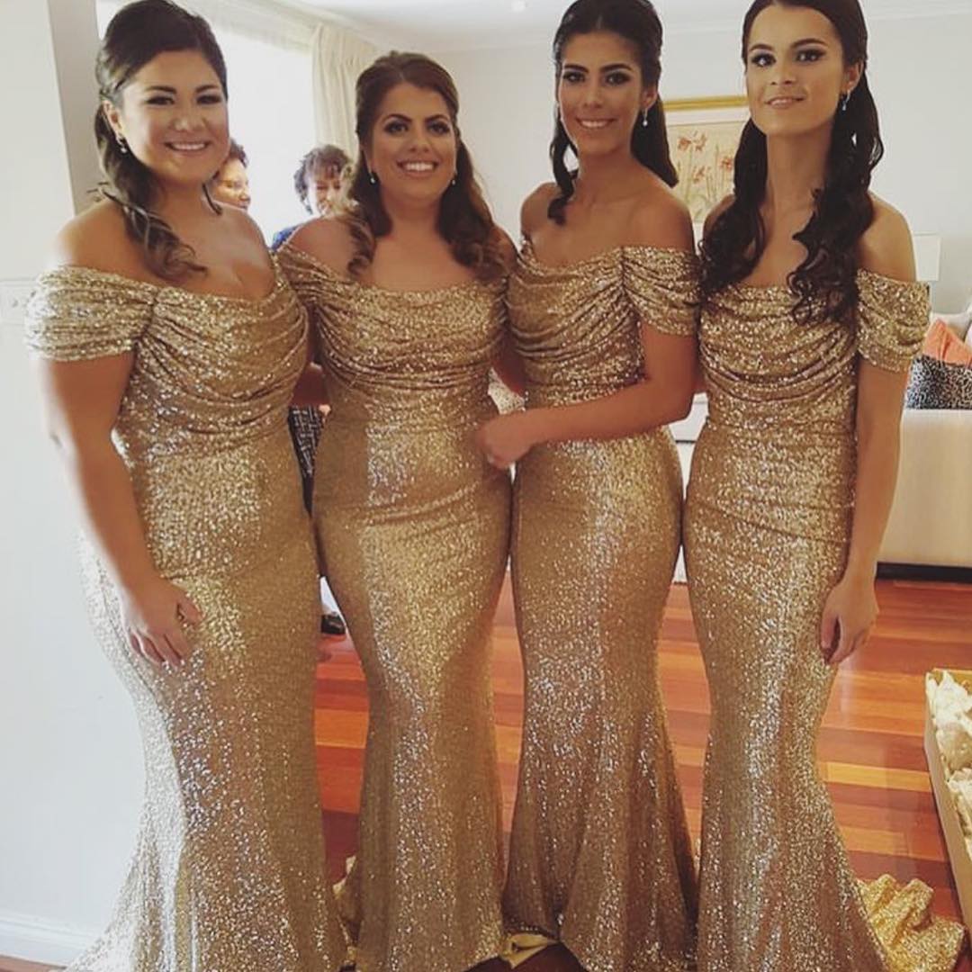 Gold Bridesmaid Dresses,sequin Bridesmaid Dresses,off The Shoulder Prom Dresses,long Evening Dresses,prom Gowns 2016,mermaid Evening Dress