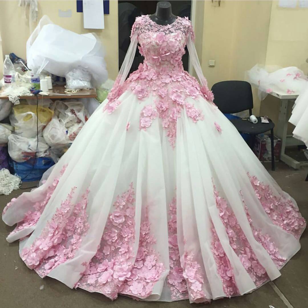 Pink Flower Long Sleeves Organza Ball Gown Wedding Dresses 2016