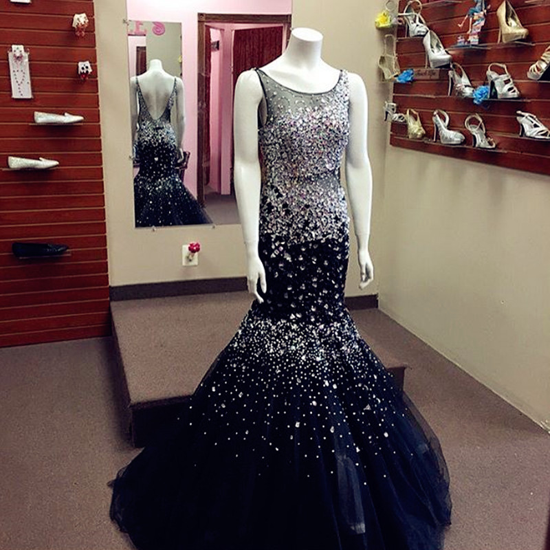 Navy Blue Prom Dress,crystal Beaded Mermaid Prom Dress,luxury Evening Gowns,custom Made Dress