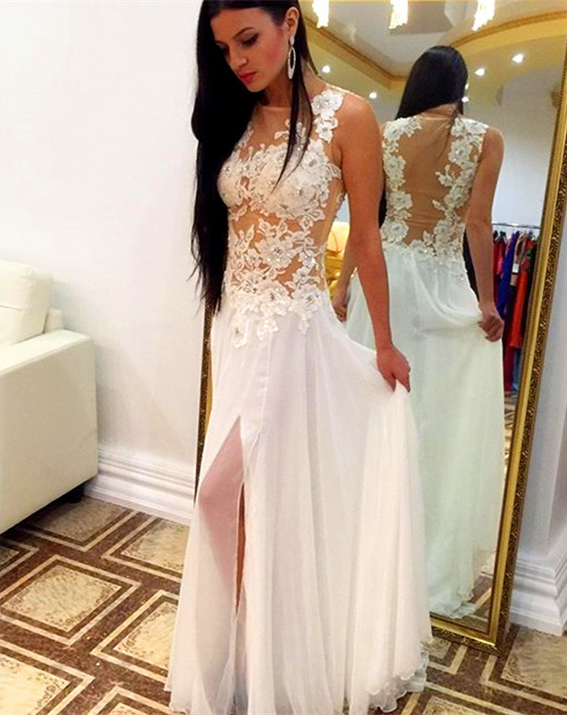 White Chiffon See Through Nude Back Prom Dress With Slit 2016