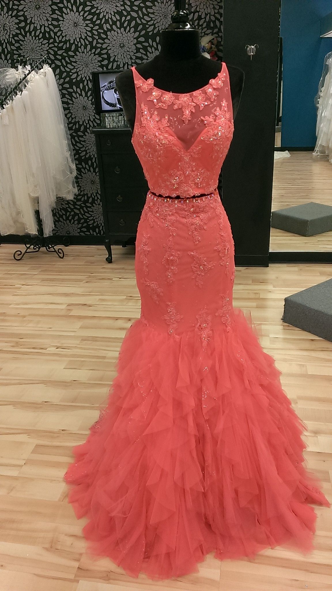 Coral Lace Appliques Two Piece Mermaid Prom Dress 2017 Ruffles Evening Gowns