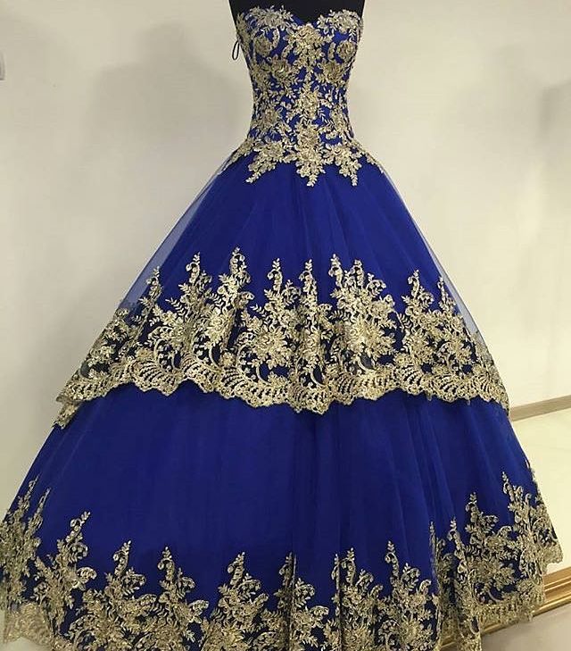 Royal Blue Ball Gowns Prom Dress Sweetheart Neckline With Gold Lace Appliques