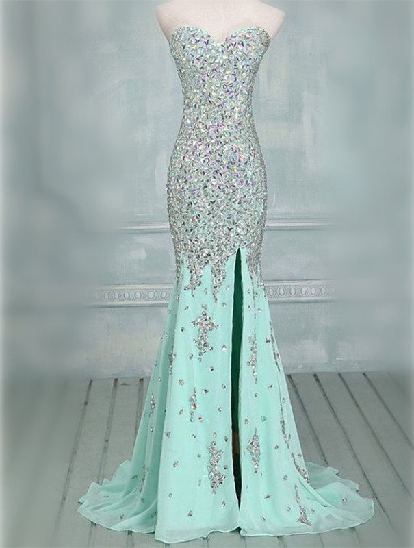 Fully Crystal Beaded Long Mint Green Prom Dresses Mermaid 2017 Formal Evening Gowns