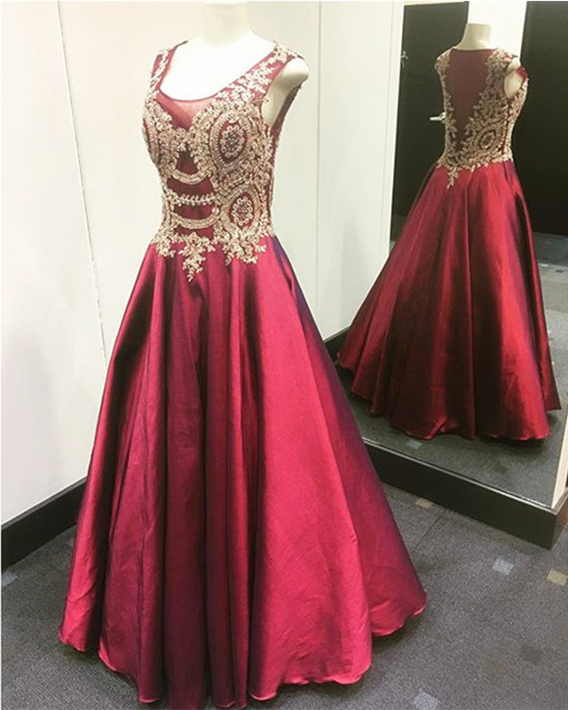 Gold Lace Appliques Long Satin Burgundy Prom Dresses Ball Gowns 2017