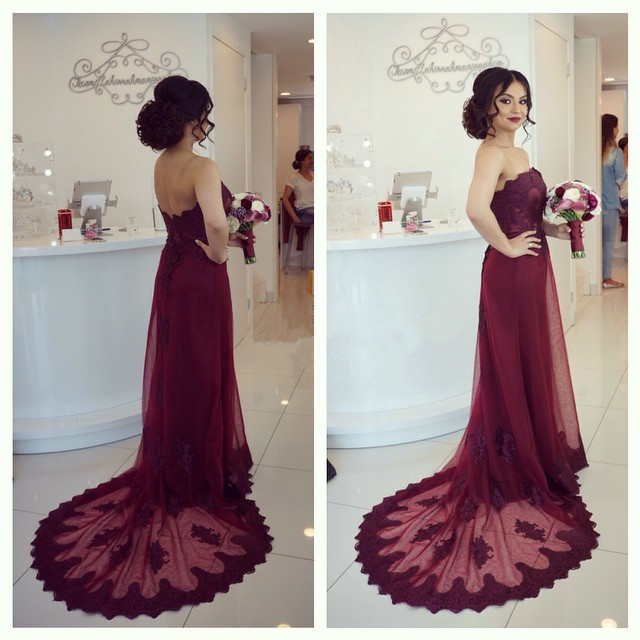 A Line Lace Sweetheart Long Tulle Sweep Train Burgundy Prom Dresses 2017 Elegant Evening Gowns