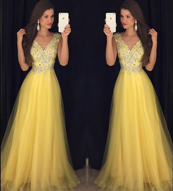 Glitter Beading V Neck Long Yellow Prom Dresses 2017 Women's Formal Evening Gowns