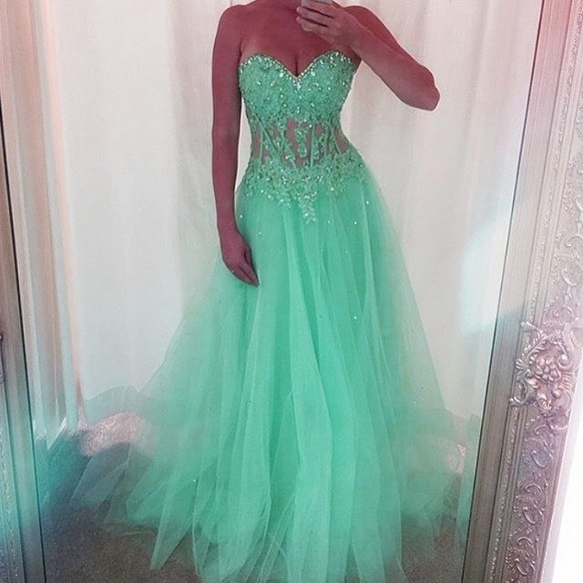 Mint Green Long Tulle Prom Dresses Sweetheart Neckline With Lace Appliques 2017