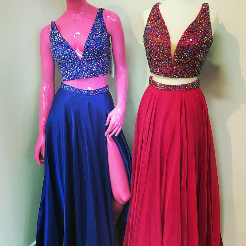 Two Piece Prom Dresses,satin Prom Gowns,prom Dresses 2017,sexy Long Party Dresses,crystal Beaded Dress