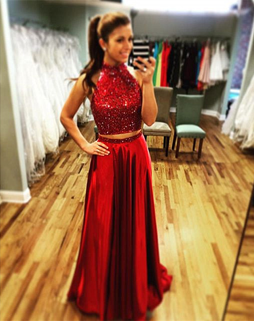 Halter Prom Dresses,burgundy Prom Dresses,long Prom Gowns 2017,two Piece Prom Dresses