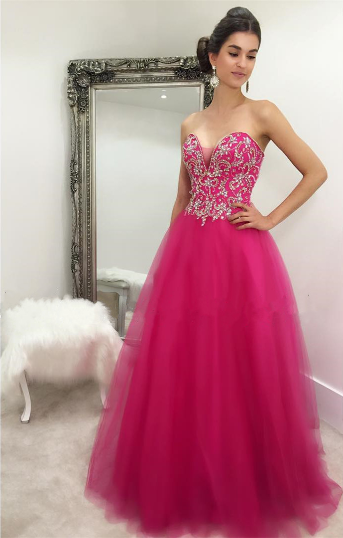 Crystal Beaded Sweetheart Long Fuchsia Ball Gowns Prom Dresses 2017 Quinceanera Gowns