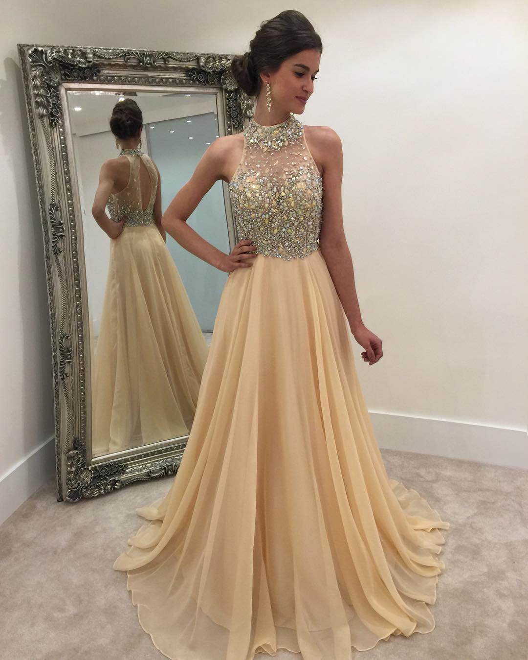 Crystal Beaded Halter Illusion Back Long Champagne Organza Prom Dresses 2017 Sexy