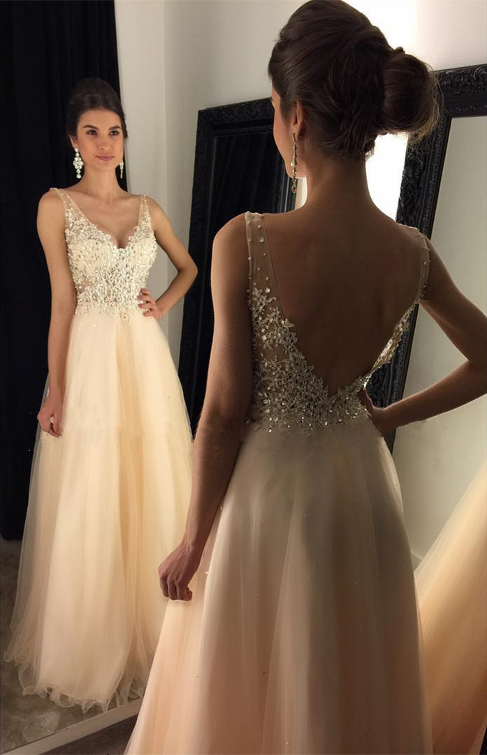 Chic Lace Appliques Beaded V Neck Open Back Long Champagne Prom Dresses 2017