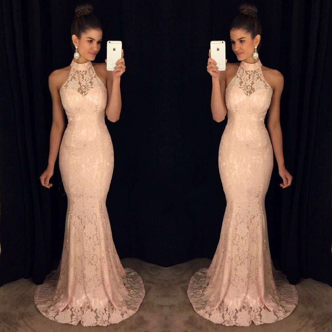High Neck Lace Long Mermaid Prom Dresses 2017 Elegant Formal Evening Gowns