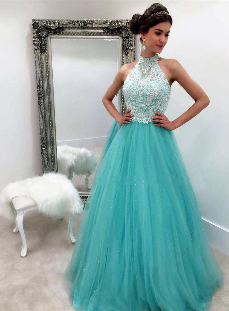 White Lace Appliques Halter Long Organza Turquoise Prom Dresses Ball Gowns 2017 Elegant