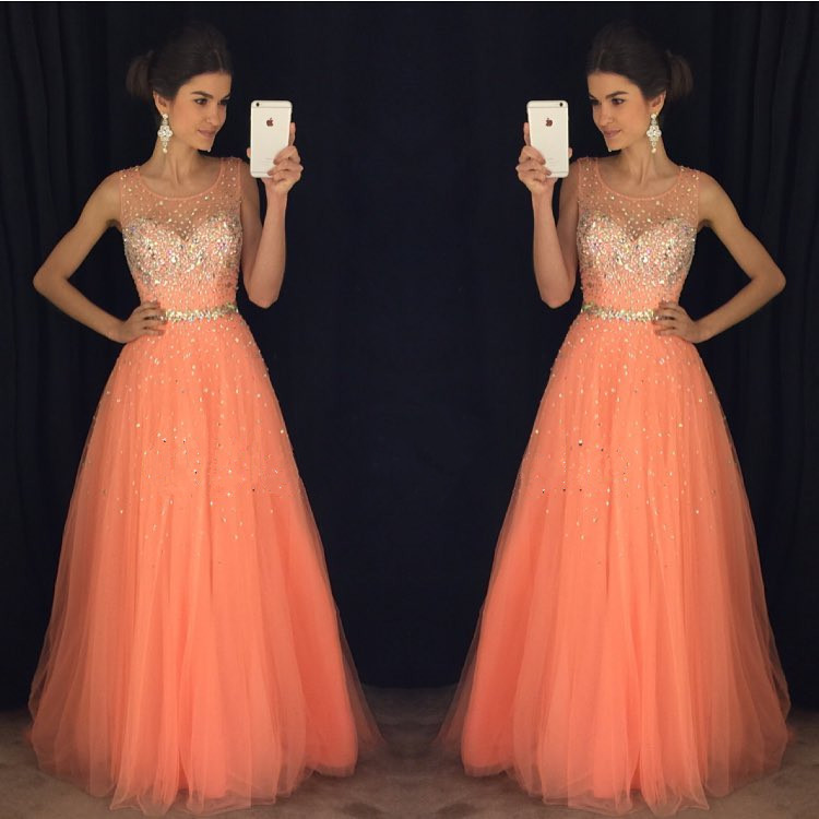 Coral Prom Dresses,cap Sleeves Prom Gowns,long Evening Dress,beaded Prom Dresses 2017