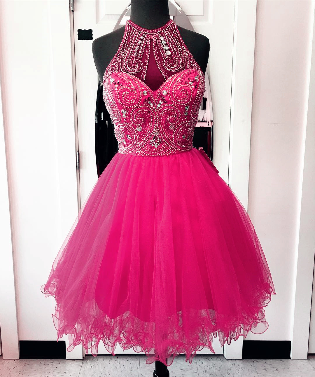 Crystal Beaded Prom Dresses Short,high Neck Homecoming Dresses, Pink Prom Dresses,chic Party Dress,women's Cocktail Dress