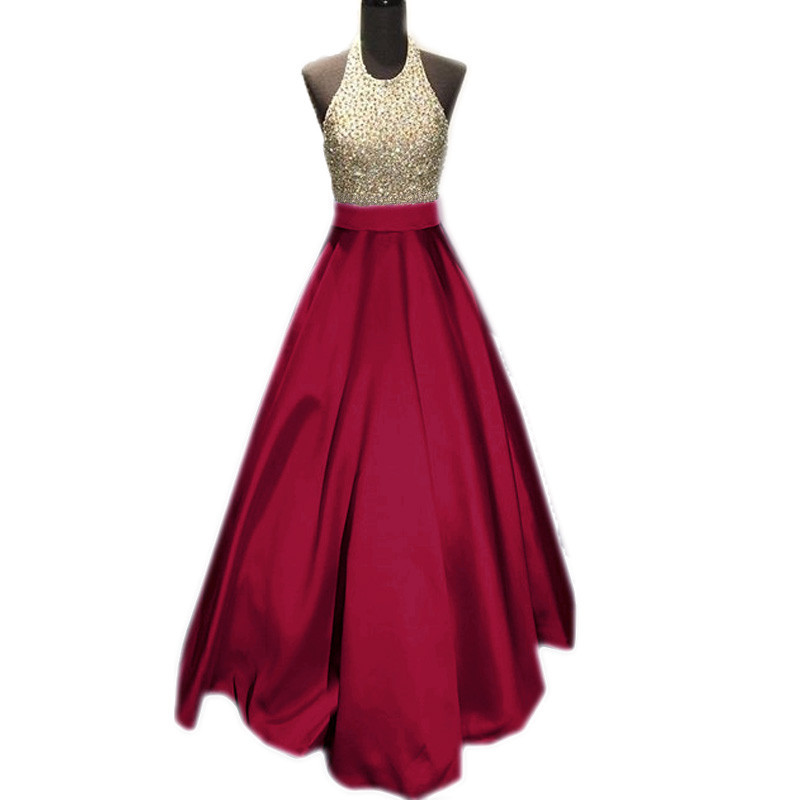 Beaded Halter Long Satin Burgundy Prom Dresses Ball Gowns 2017 Real Sample Evening Gowns