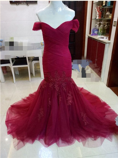 Real Sample Off The Shoulder Sweetheart Long Burgundy Mermaid Wedding Dresses Lace Appliques 2017 Sexy