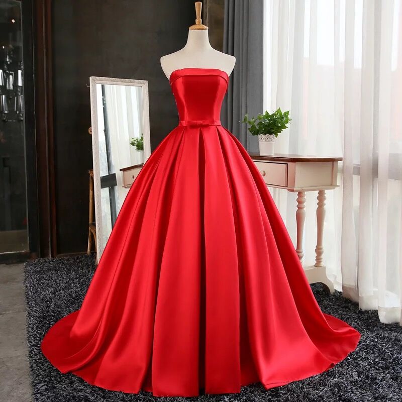 Red Satin Strapless Straight-across Floor Length Prom Gown Featuring Bow Accent Belt