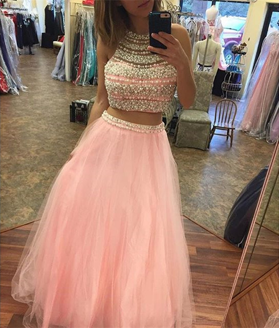 Women's Pink Tulle Two Piece Prom Dresses With Pearl Beaded Halter Top