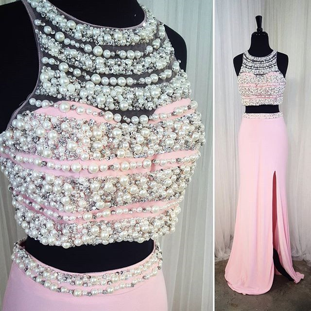 Long Chiffon Pink Mermaid Prom Dresses,two Piece Prom Gowns With Pearl Beaded,sexy Slit Prom Dress