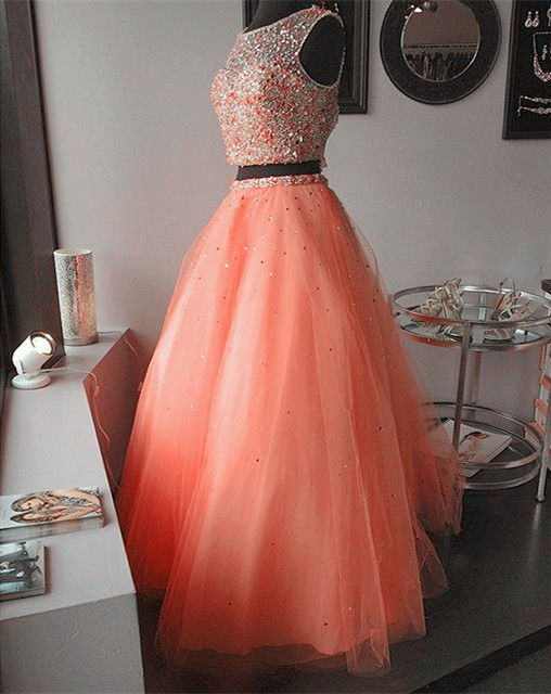 Coral Beaded Embellished Two-piece Formal Dress Featuring Sleeveless Crop Top And Tulle Floor Length Skirt, Prom Dress