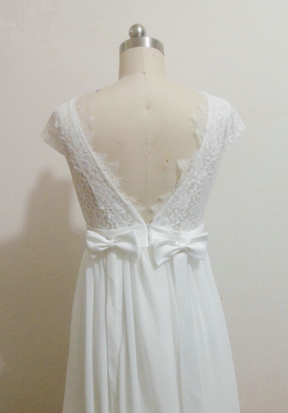 Double Bow Back Lace Cap Sleeves White Chiffon Boho Wedding Dresses 2017 Beach Wedding Gowns