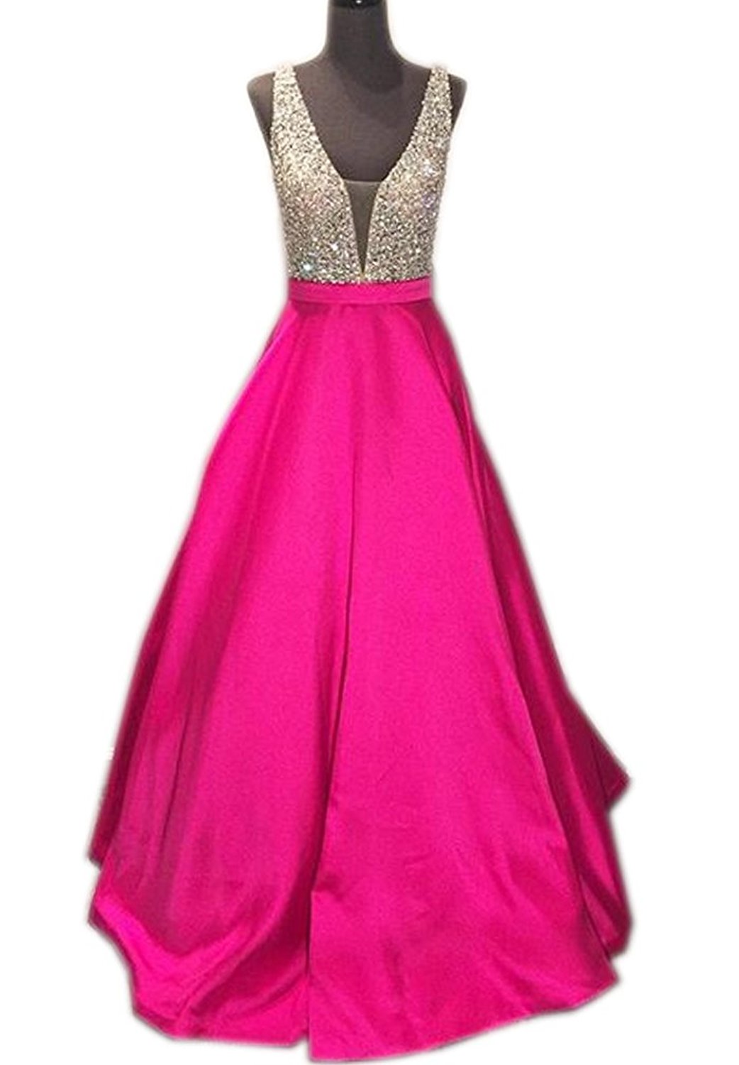Elegant Crystal Beaded V Neck Long Satin Pink Ball Gowns Prom Dress 2017