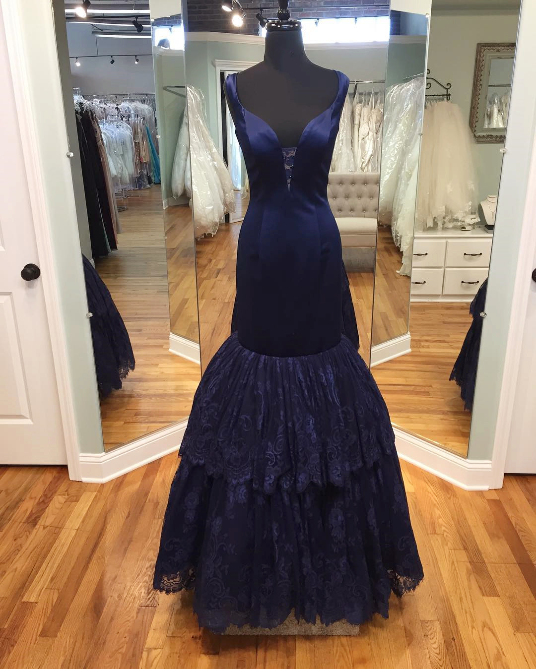 navy blue prom dress,mermaid evening dress,elegant satin prom gowns,ruffles dress,prom dress 2017