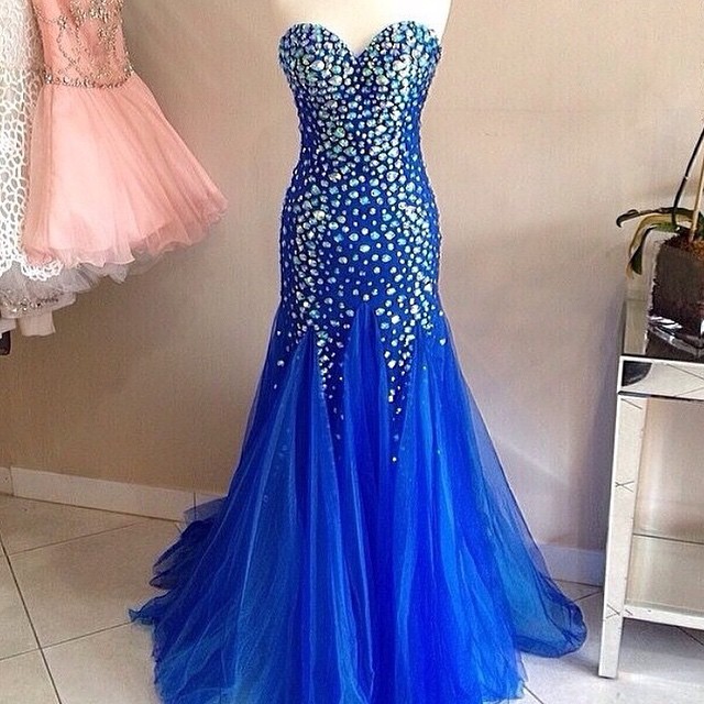 Royal Blue Mermaid Prom Dresses Long Sweetheart Evening Gowns Crystal Beaded 2017