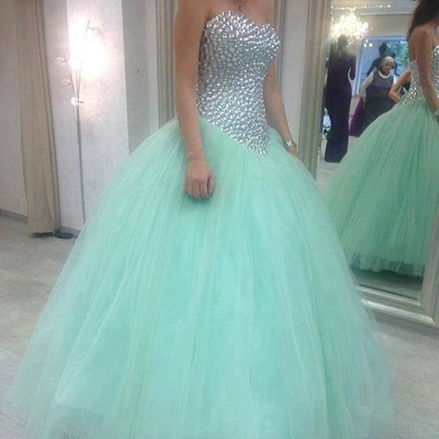 Stunning Crystal Beaded Sweetheart Mint Ball Gowns Prom Dresses 2017