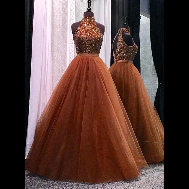 High Neck Open Back Coffee Tulle Ball Gowns Prom Dresses Crystal Beaded 2017 Glitter Gown