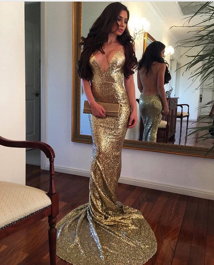 Brilliant Rose Gold Sequin V-Neck Mermaid Long Prom Evening Dresses, Party  Dress With Side Slit | Honey Dress